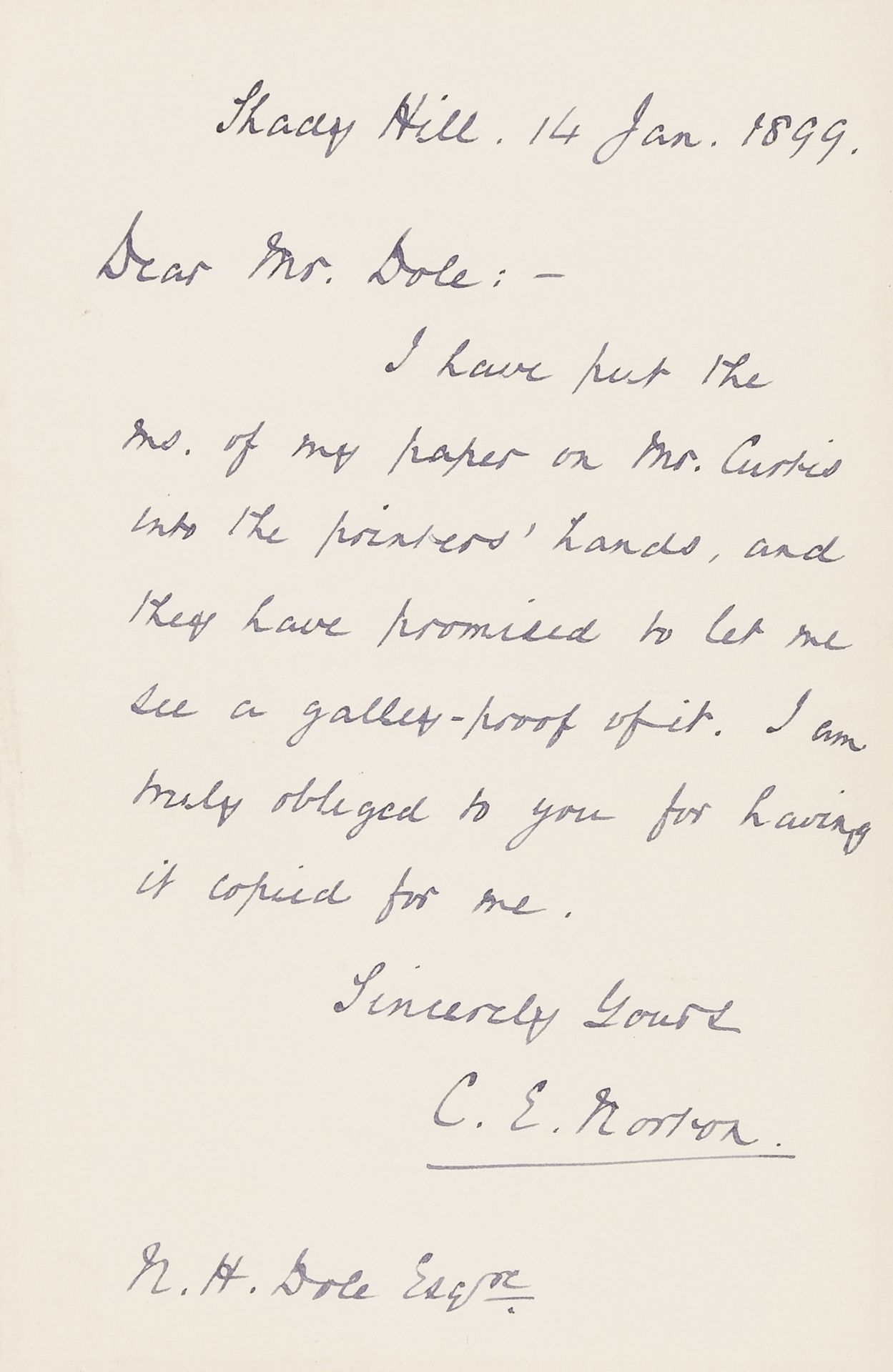 Norton (Charles Eliot) Autograph Letter signed to N.H. Dole, 1899, "I have put the Ms. of my paper …