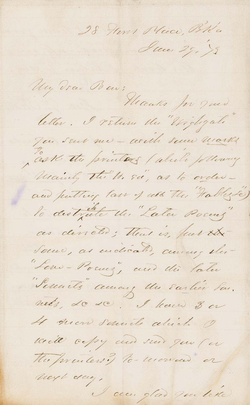 Saxe (John Godfrey) Autograph Letter signed to Benjamin Holt Ticknor, 1875, "I return the …