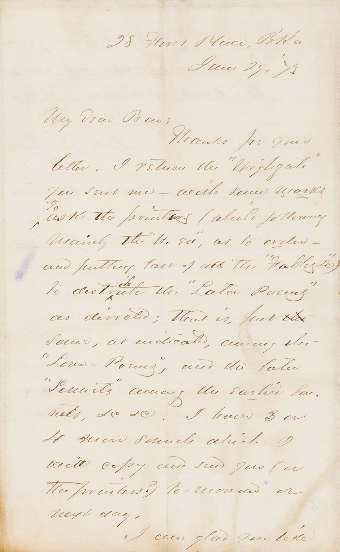 Saxe (John Godfrey) Autograph Letter signed to Benjamin Holt Ticknor, 1875, "I return the …