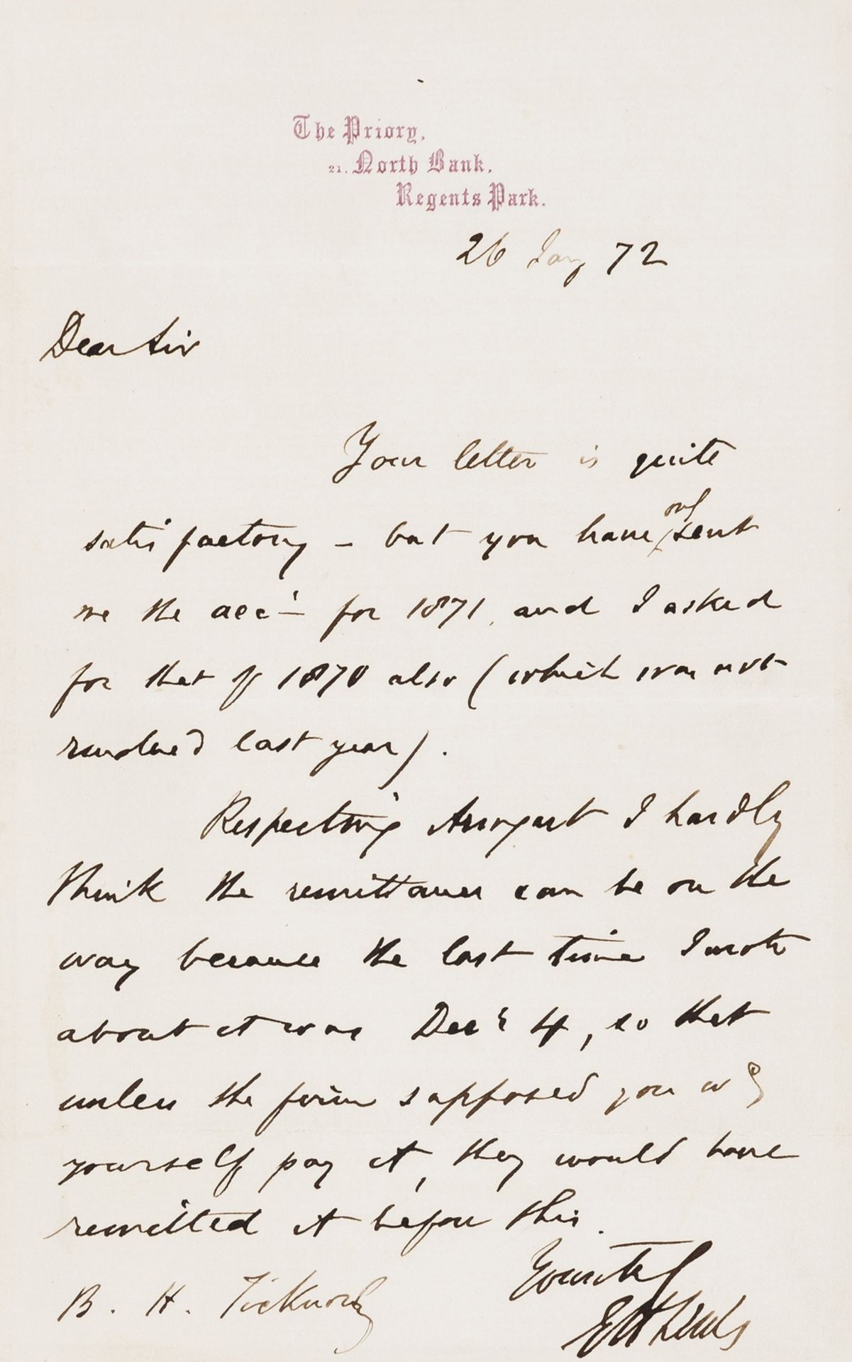 Lewes (George Henry, partner of George Eliot) Autograph Letter signed to Benjamin Holt Ticknor, …