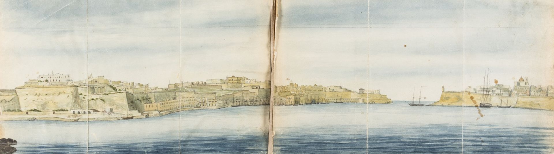 Malta.- Anonymous (circa 1820) Panoramic view from the Grand Harbour looking towards the …