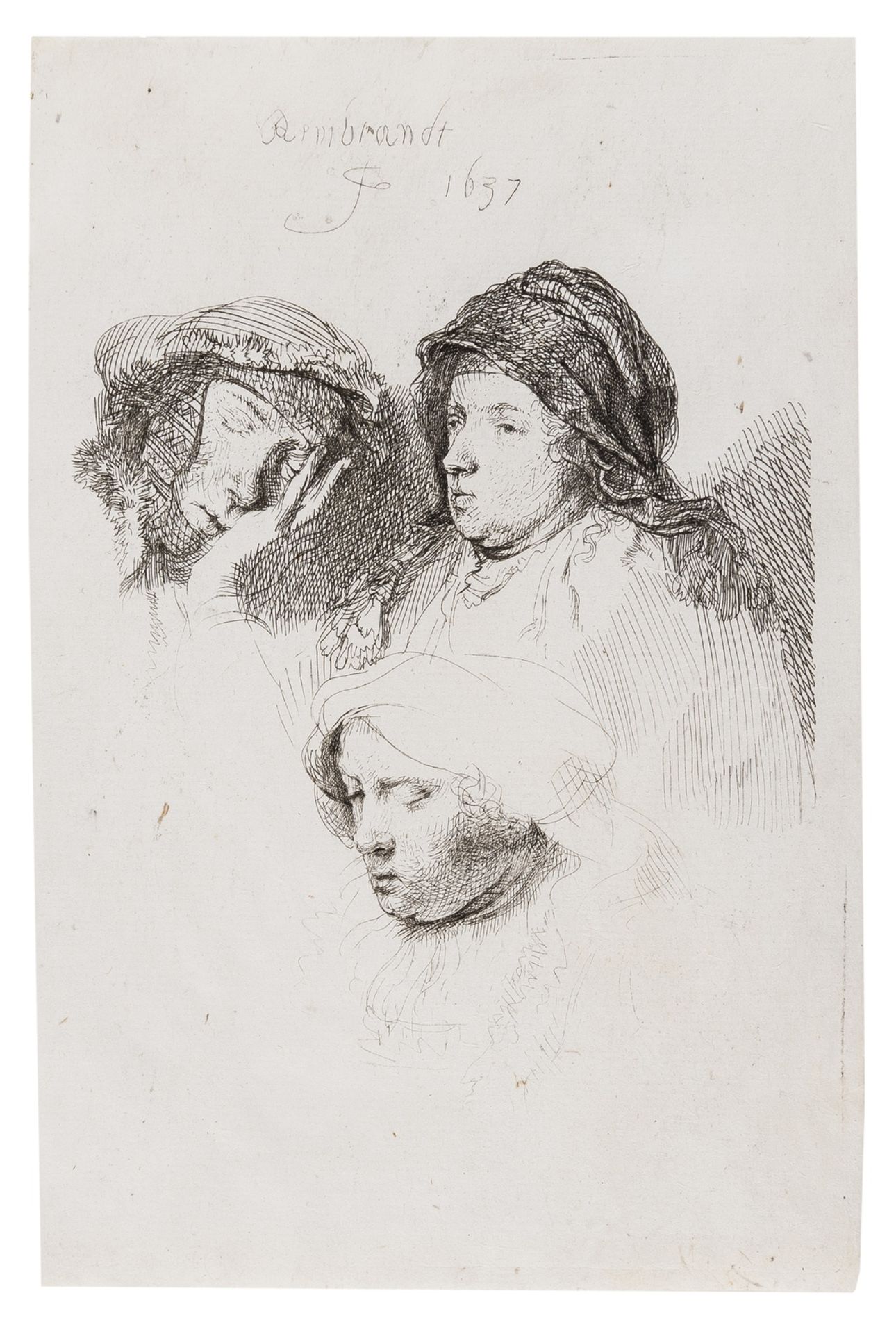 Rembrandt van Rijn (1606-1669) Three Heads of Women, One Asleep