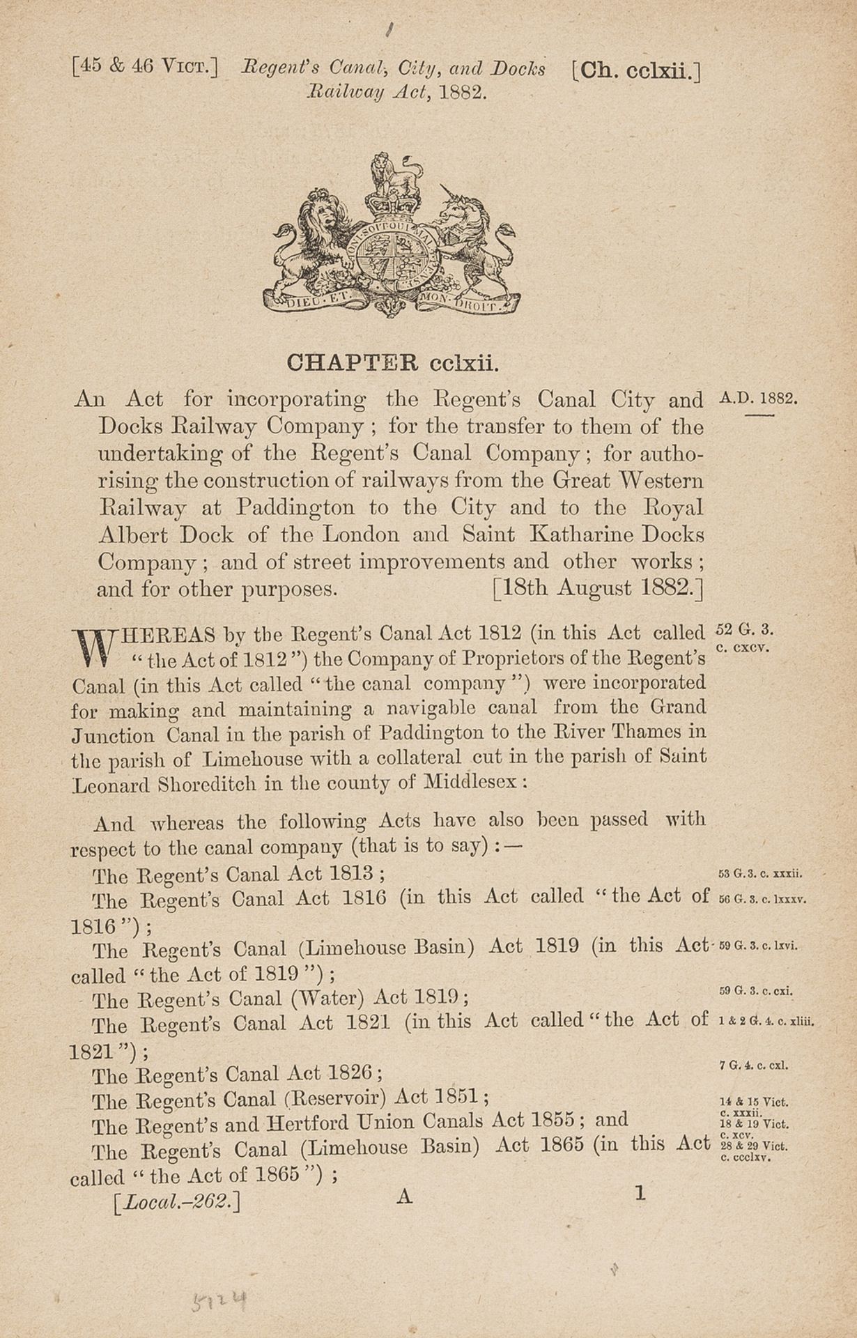 Regent's Canal Railway.- An Act for Incorporating the Regent's Canal City and Docks Railway …