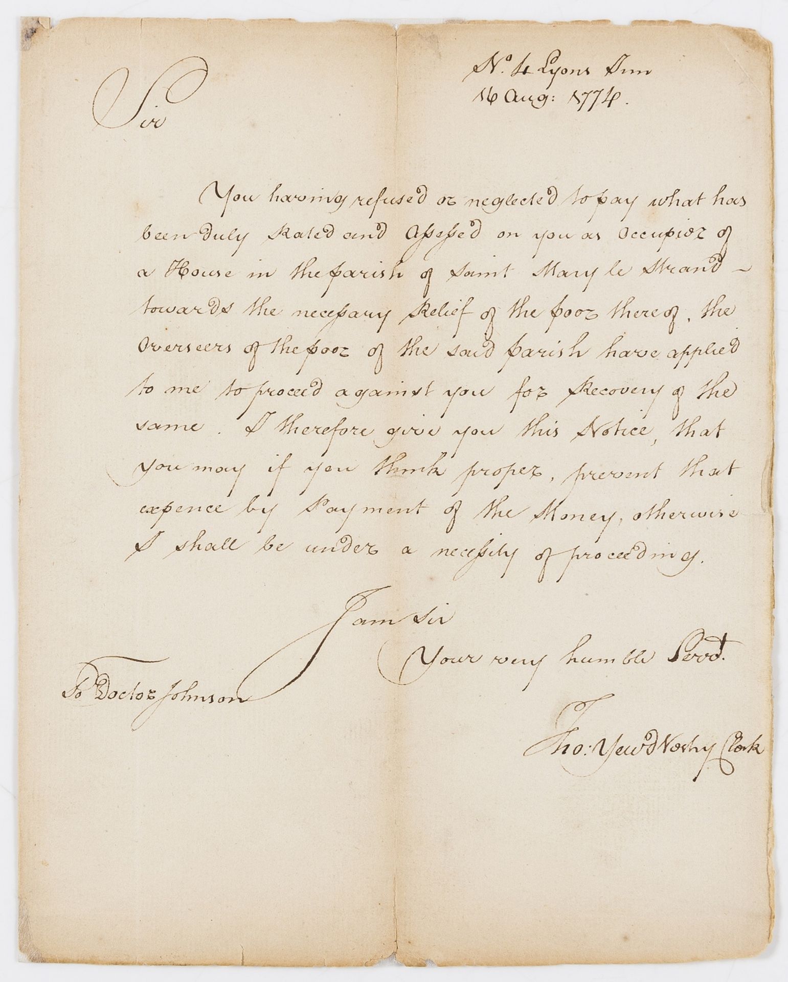 ?Johnson (Samuel, lexicographer).- Yewd (Thomas, Vestry Clerk of St. Mary-le-Strand) Copy Letter …