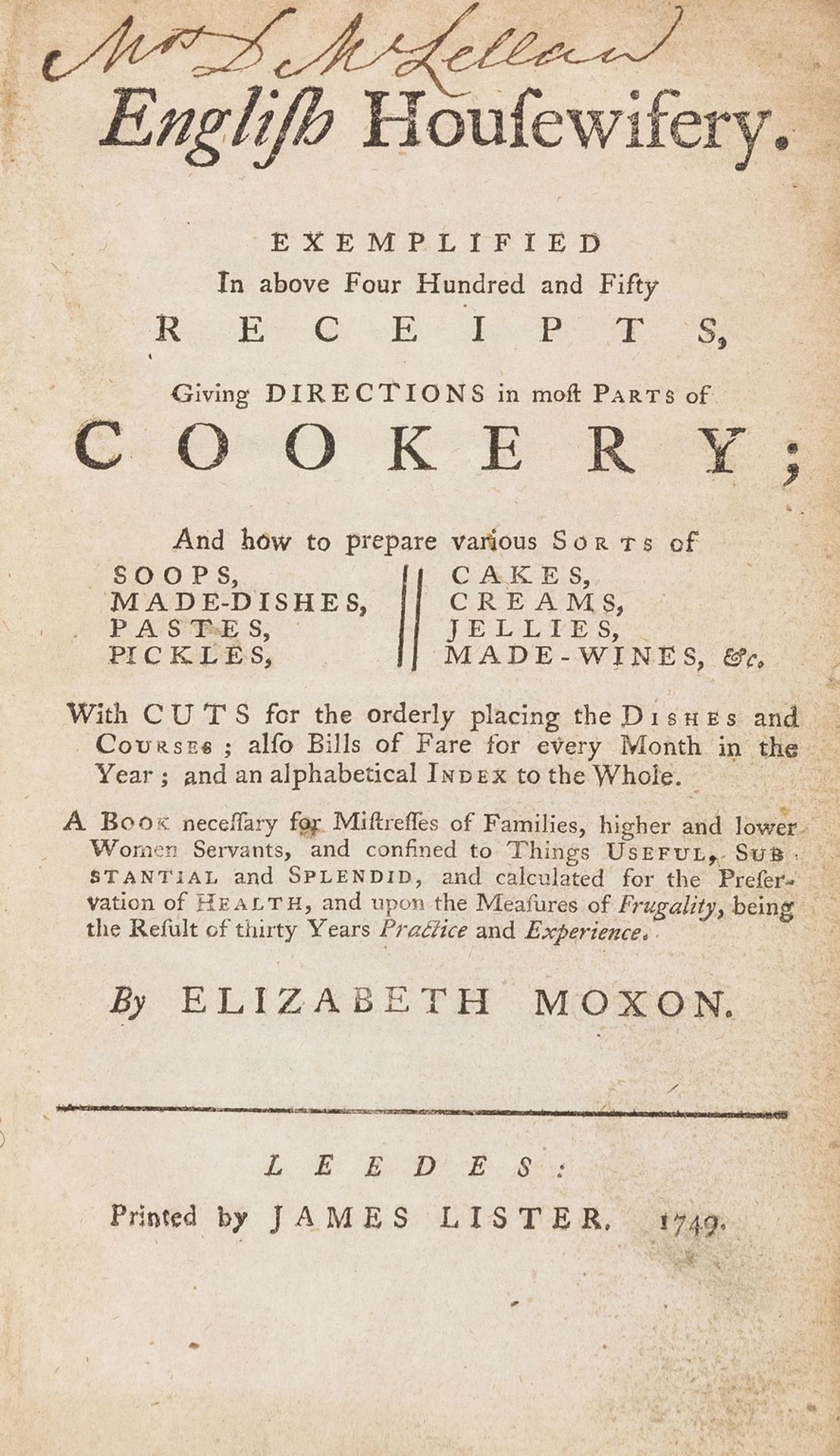 Cookery.- Moxon (Elizabeth) English Housewifery. Exemplified in about Four Hundred and Fifty … - Bild 2 aus 2