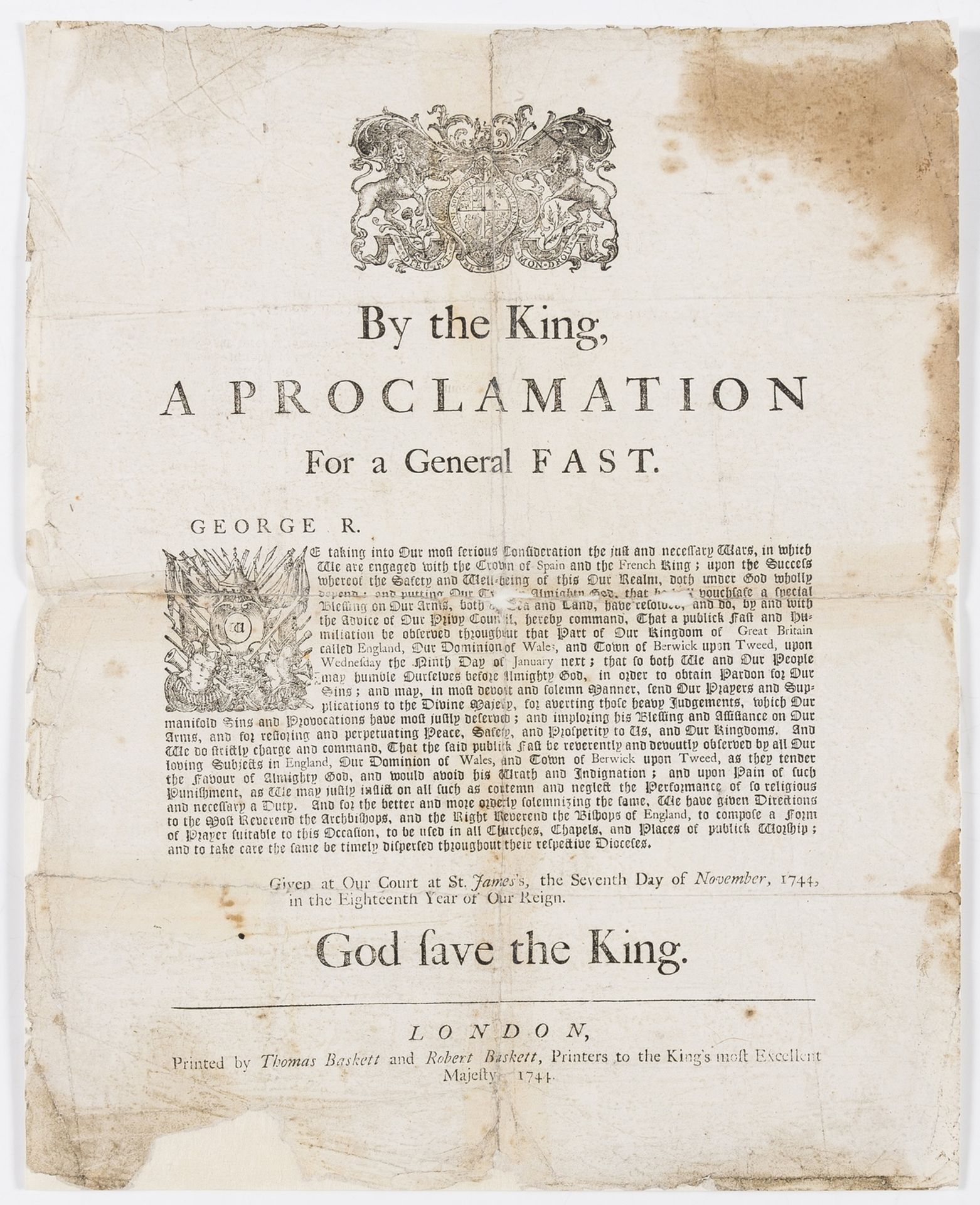 Broadside.- America.- King George's War.- By the King, a proclamation for a general fast, not in …