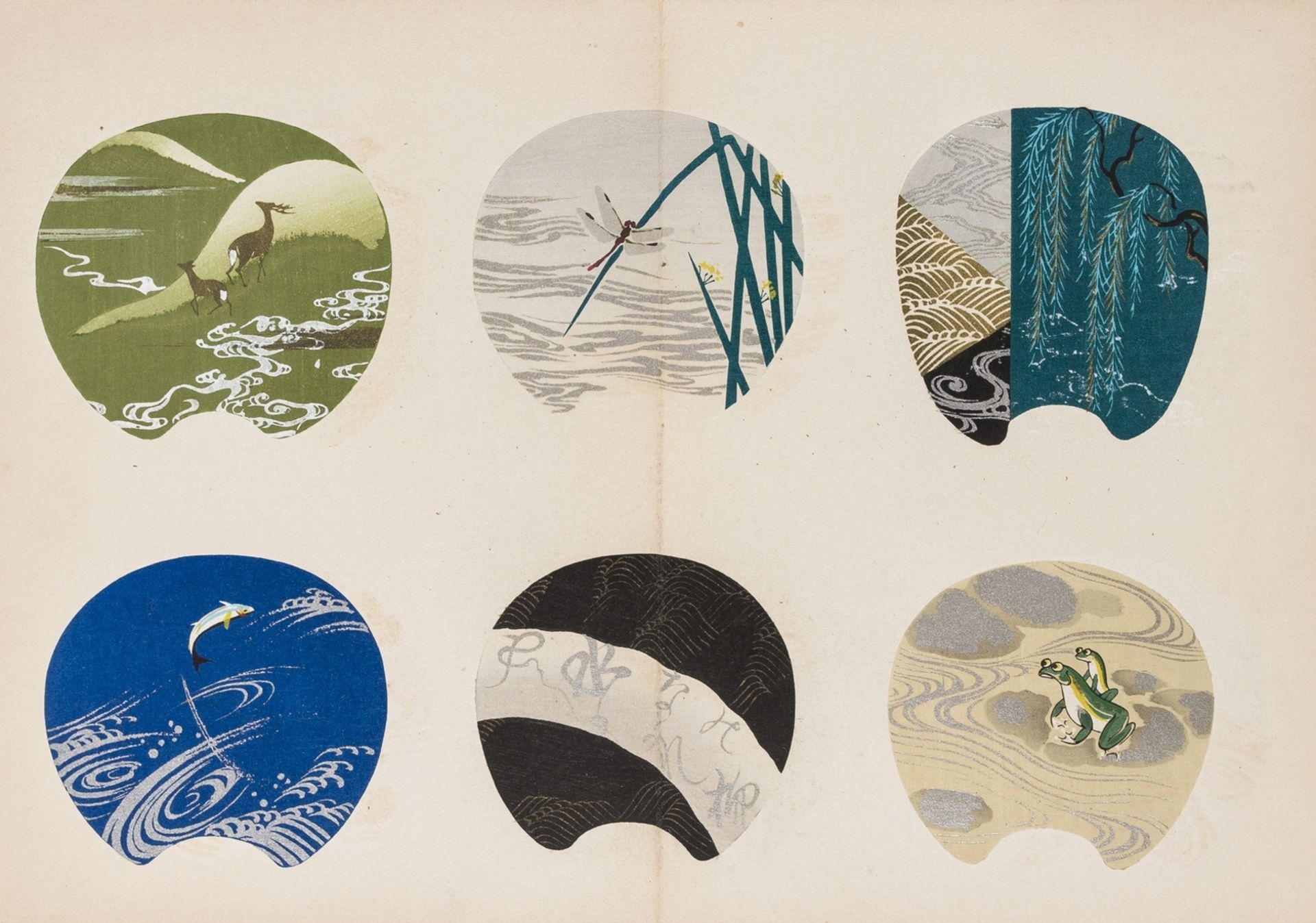 Japan.- An album containing 52 pochoir-coloured woodcut uchiwa fan designs, c.1930s.