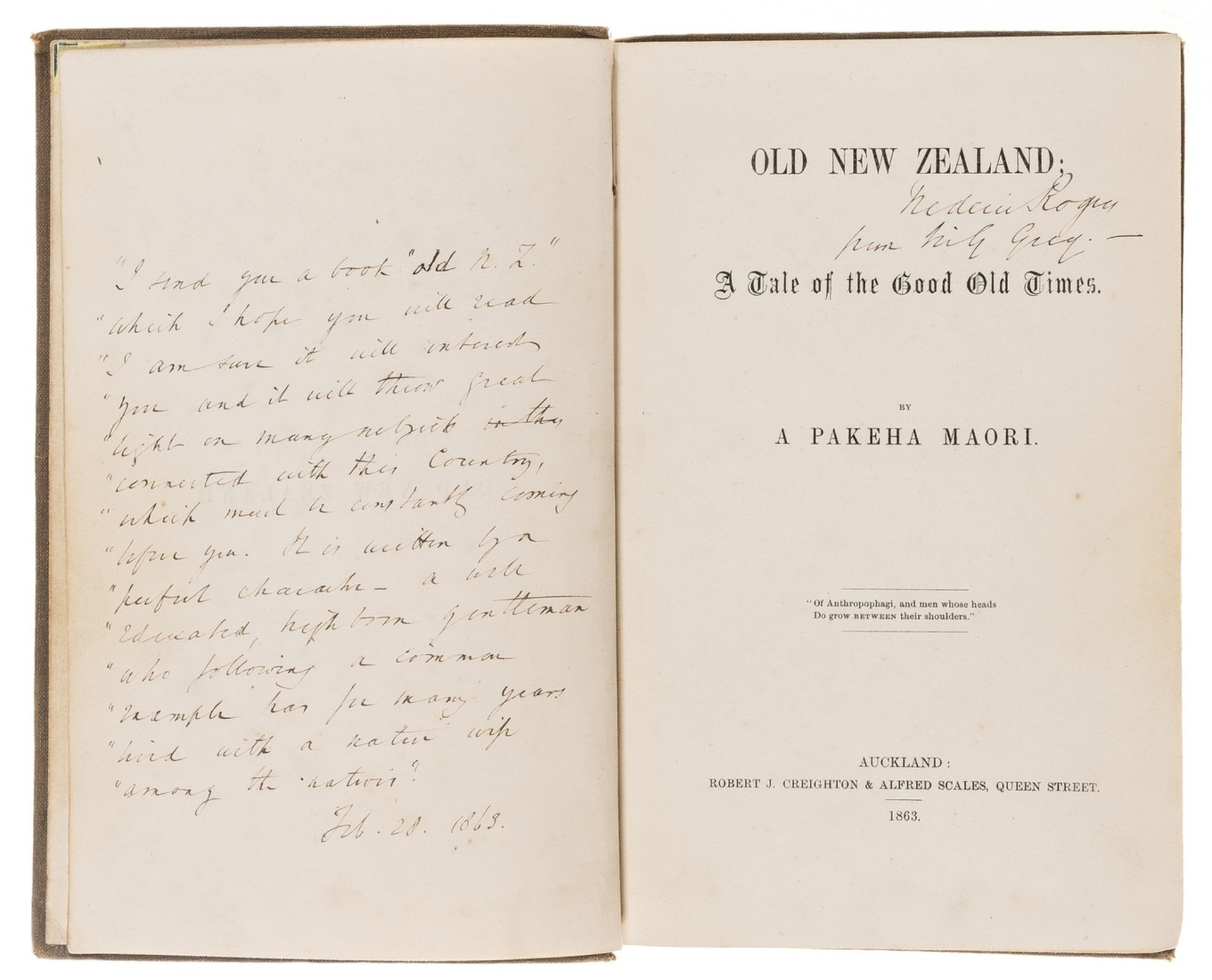 New Zealand.- [Manning (Frederick Edward)] "A Pakeha Maori", Old New Zealand; a Tale of the Good …