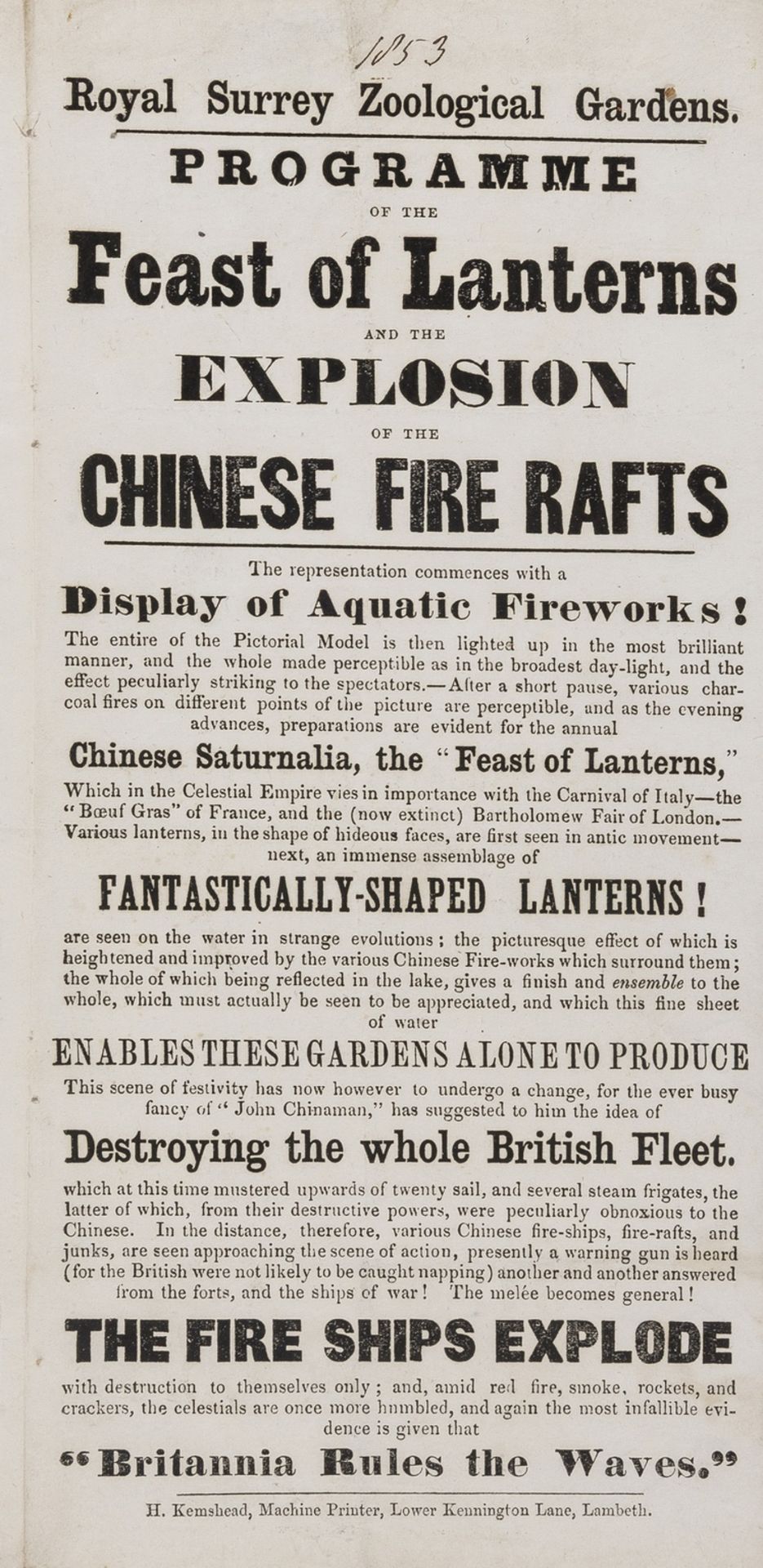 Royal Surrey Zoological Gardens.- Programme of the Feast of Lanterns and the Explosion of the …