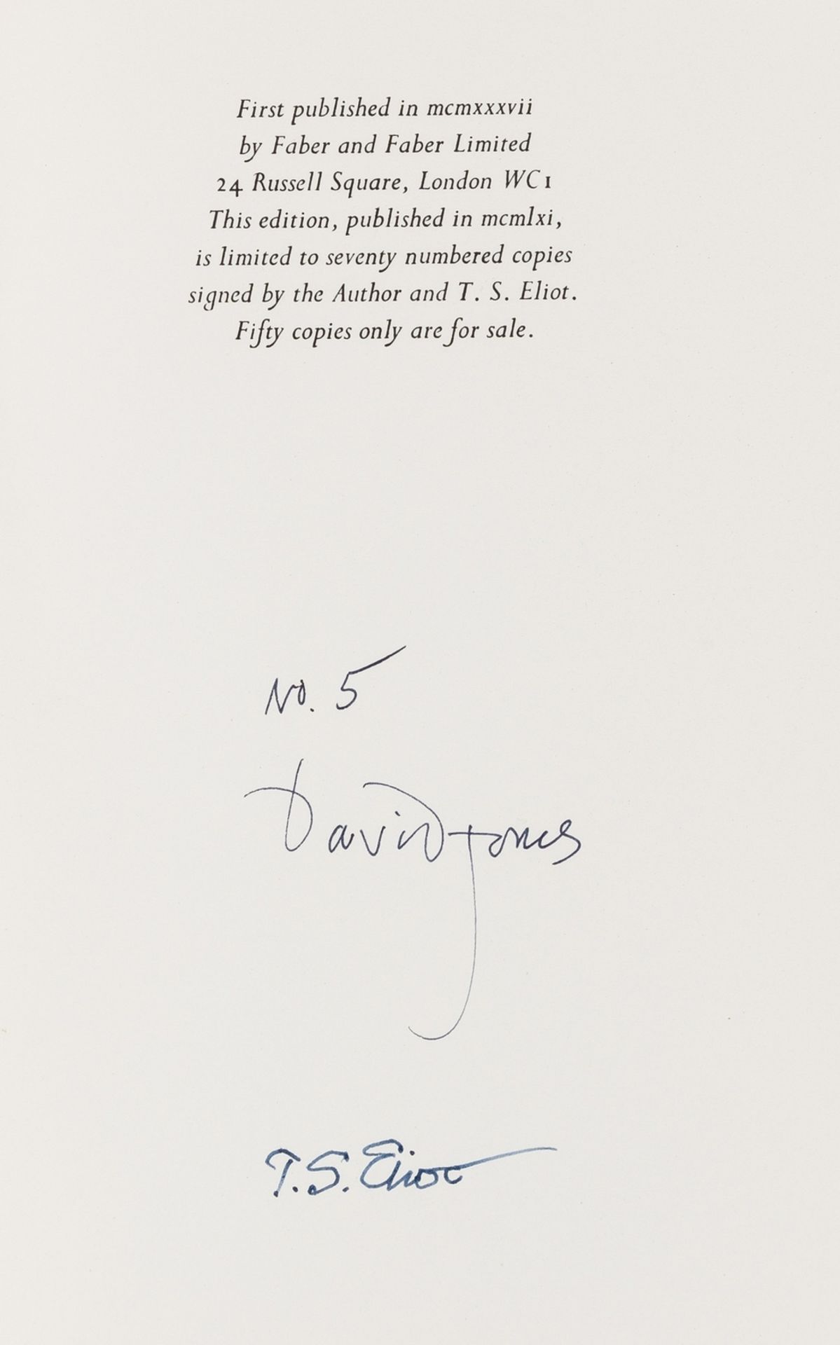 Eliot (T.S.).- Jones (David) In Parenthesis, one of 70 copies signed by the author & T.S.Eliot, …