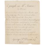 George IV (as Prince of Wales) Epitaph on Mr. Fenton By Mr. [Alexander] Pope, autograph manuscript …