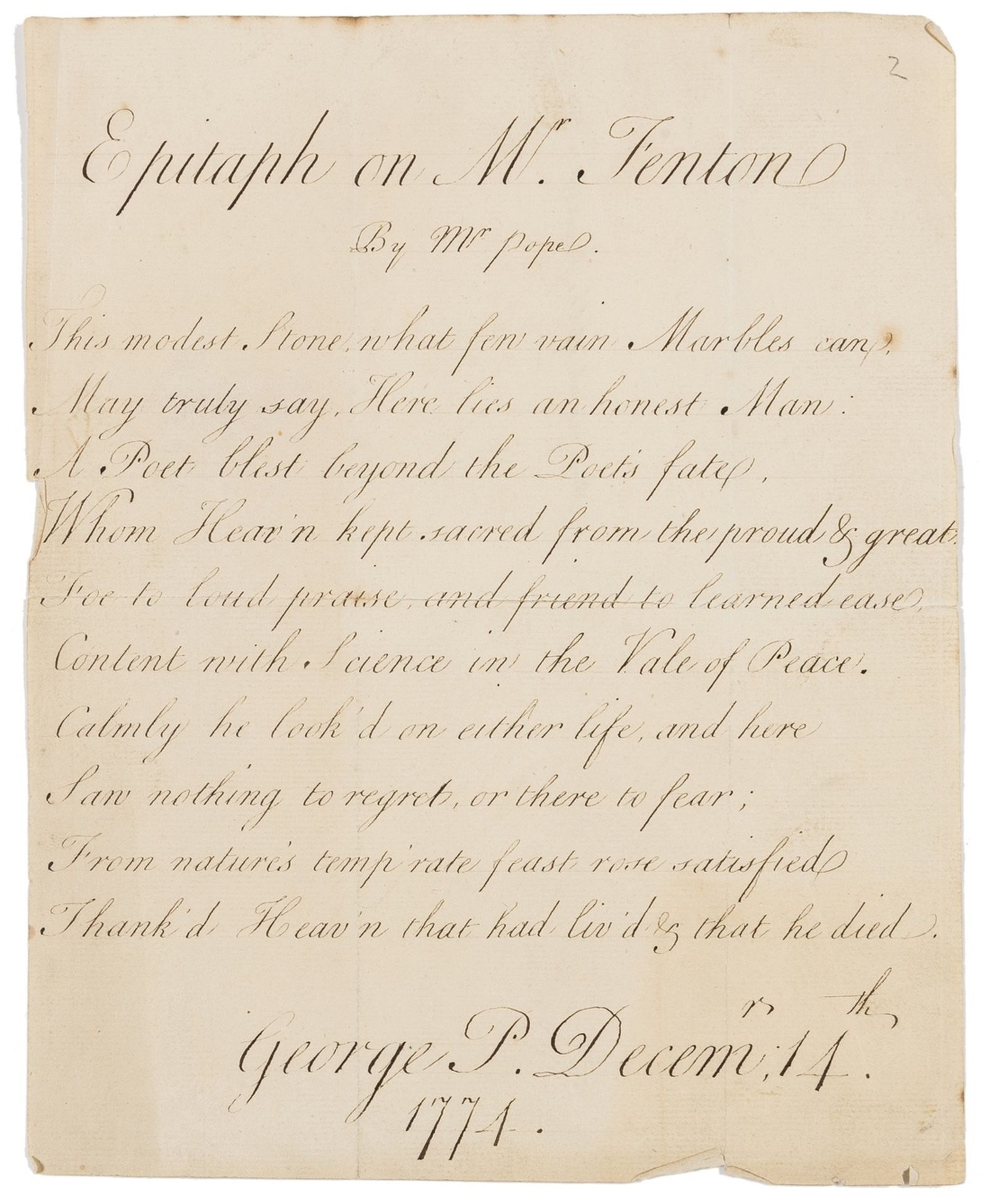 George IV (as Prince of Wales) Epitaph on Mr. Fenton By Mr. [Alexander] Pope, autograph manuscript …