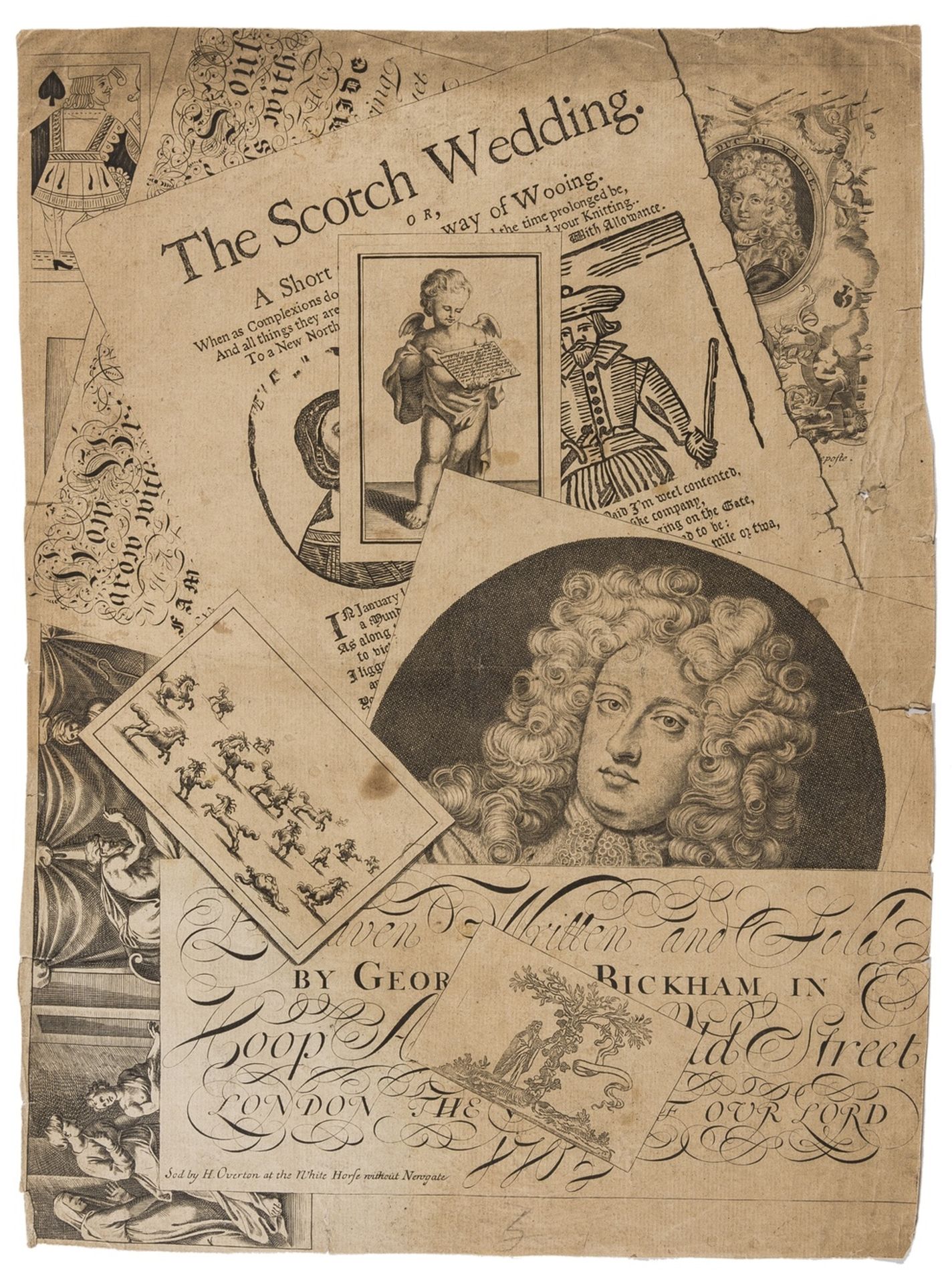 Bookseller's trade card.- Bickham the Elder (George) Trompe-l'œil medley print with portraits, …
