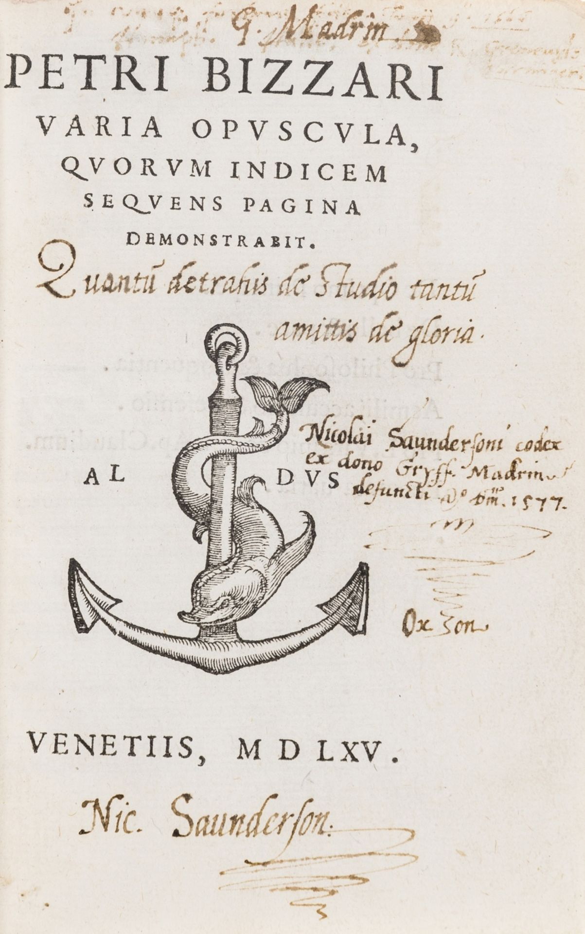 Aldine.- Bizzarri (Pietro) Varia opuscula, quorum indicem sequens pagina demonstrabit, first …