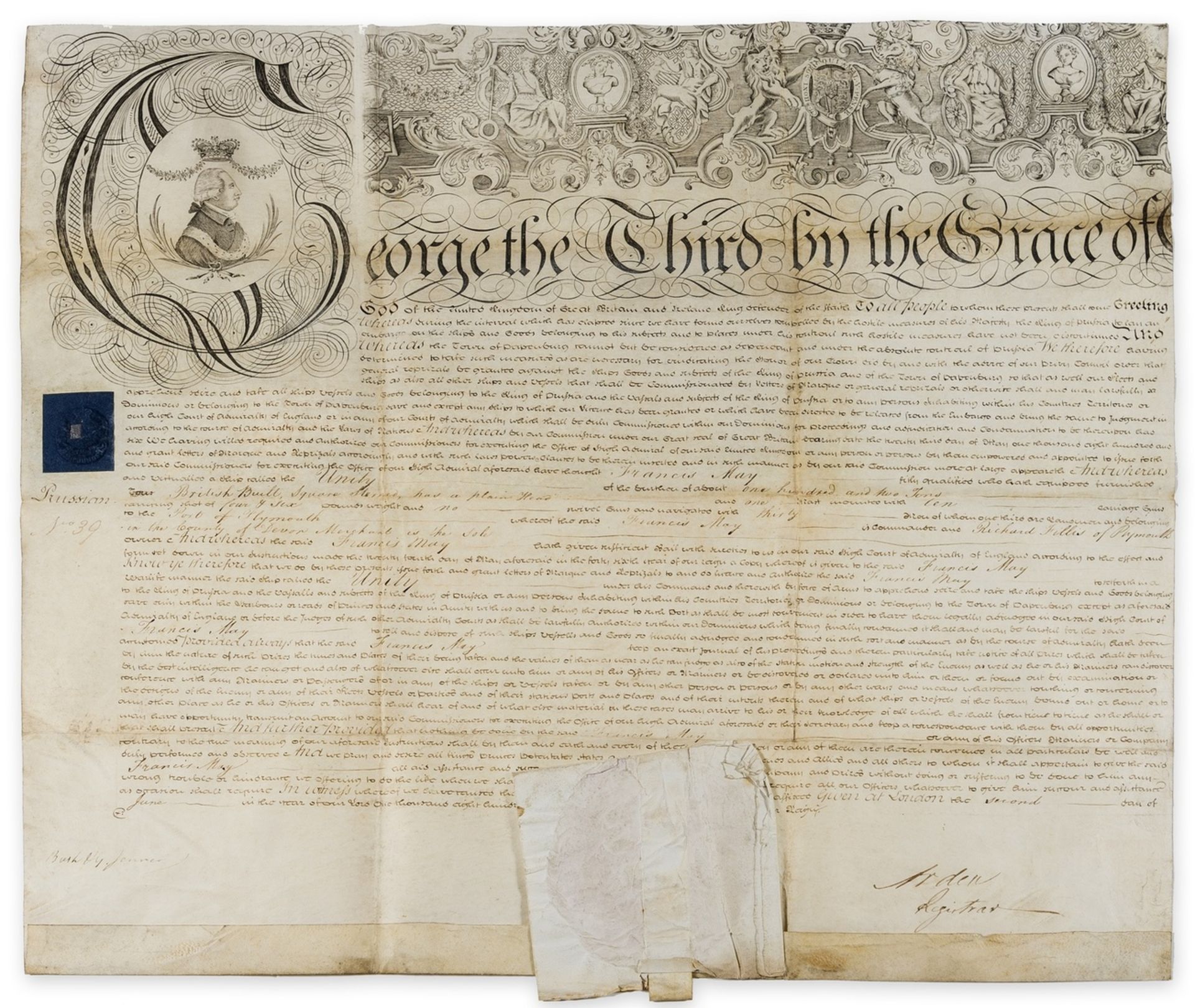 George III (KIng) Letter of Marque issued to Francis May Captain of the Unity enforcing an embargo …