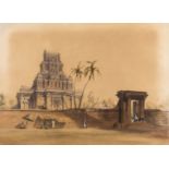 India.- Daniell (William), Circle of. Indian temple, with local figures along the outside wall and …