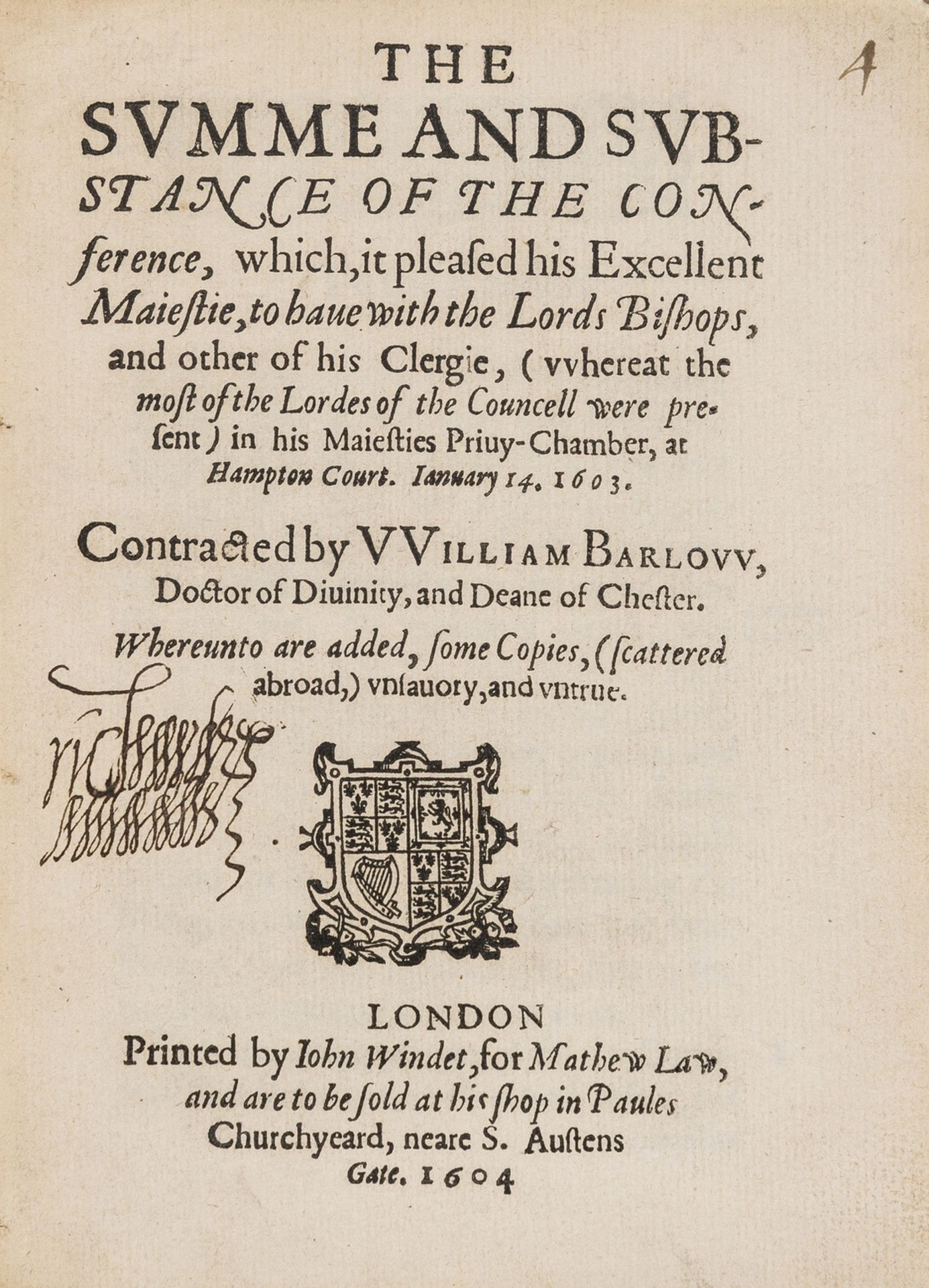 Barlow (William) The Summe and Substance of the Conference, which, it pleased his excellent …