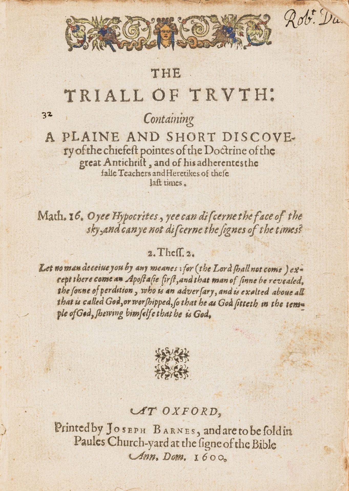 [Terry (John)] The Triall of Truth, first edition, 1600.