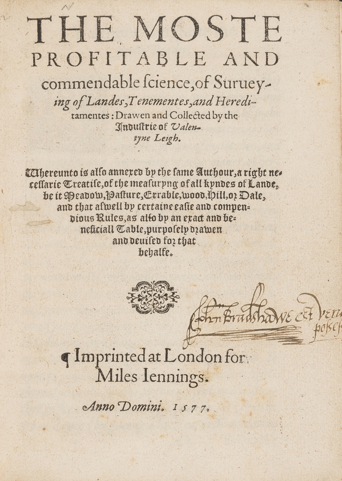 Surveying.- Leigh (Valentine) The Moste Profitable and commendable science, of Surveying of …