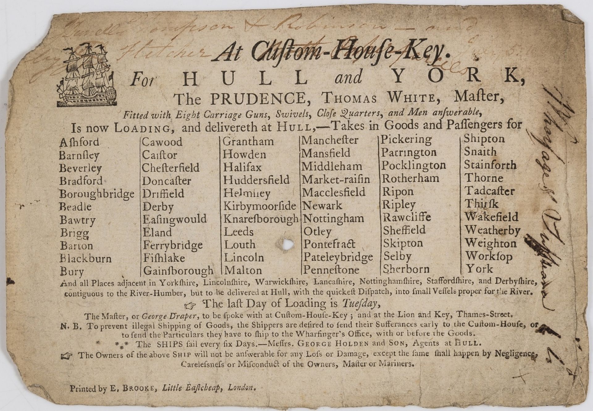 Maritime.- Advertising broadside.- , At Custom-House-Key for Hull and York, The Prudence, Thomas …