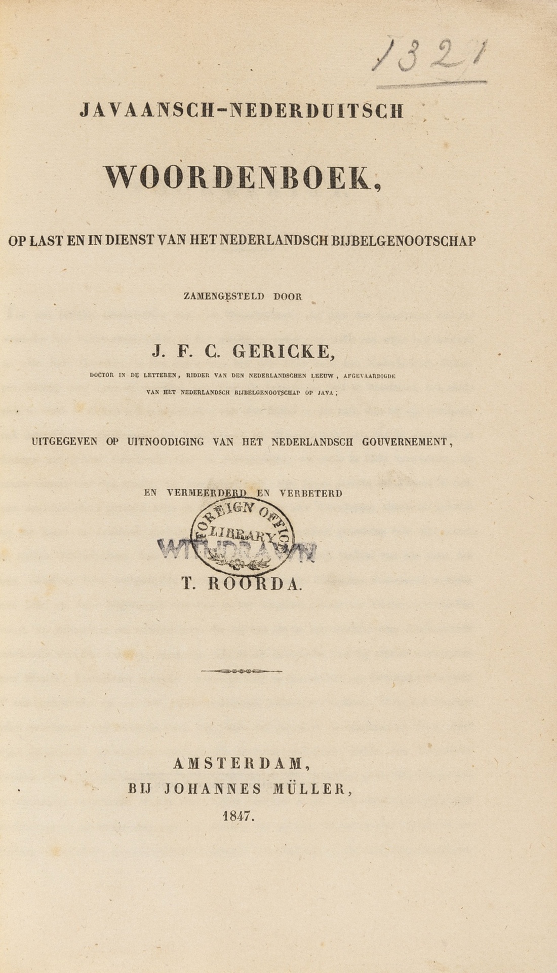 Asia.- Dictionaries.- Gericke (J.F.C.) Javaansch-Nederduitsch Woordenboek, Amsterdam, Johannes …