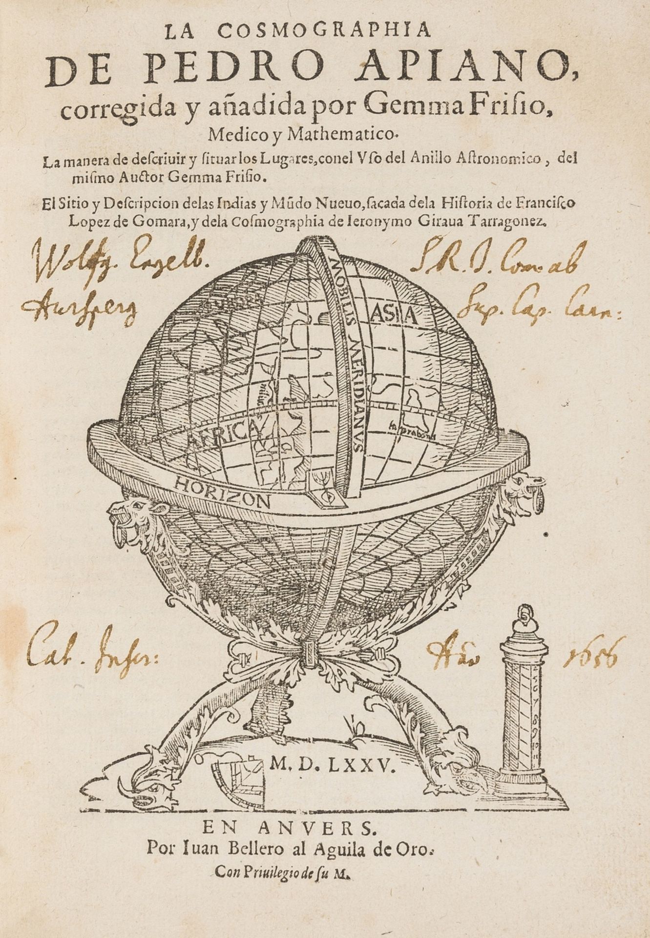 World.- Apianus (Petrus) La Cosmographia, corregida y añadida por Gemma Frisio, Anvers, Juan … - Bild 3 aus 3