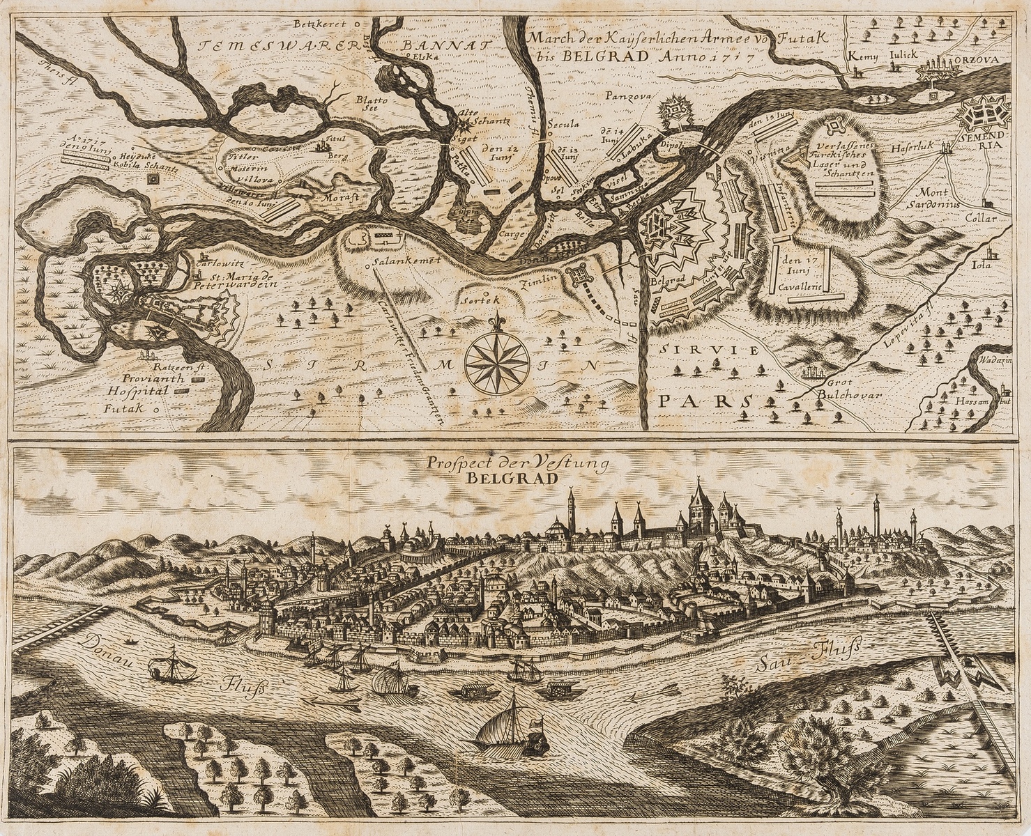 Siege of Belgrade.- March der Kayserlichen Armee von Futak bis Belgrad Anno 1717; Prospect der …