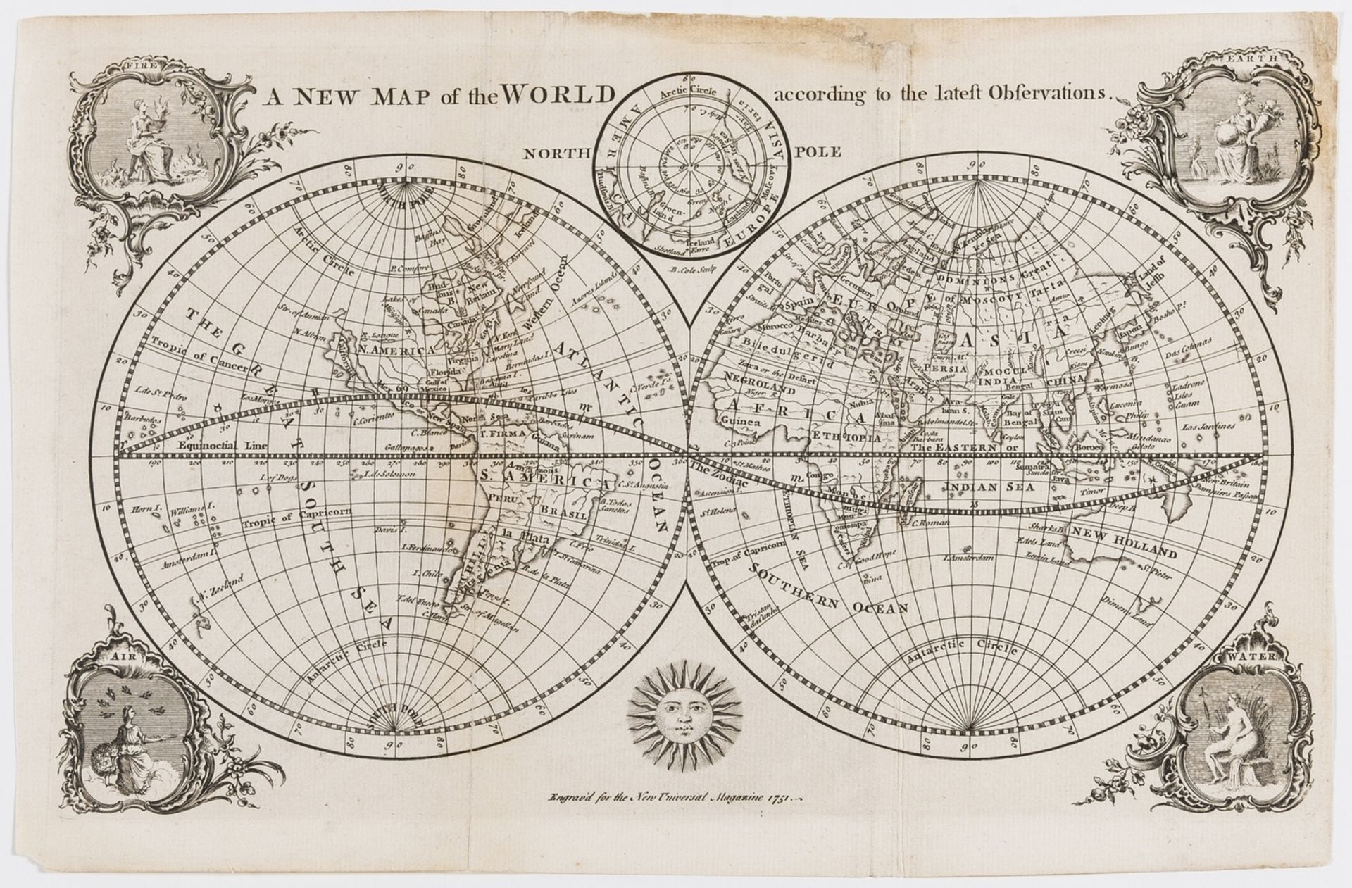 World.- A New Map of the World according to the latest Observations, 1751.