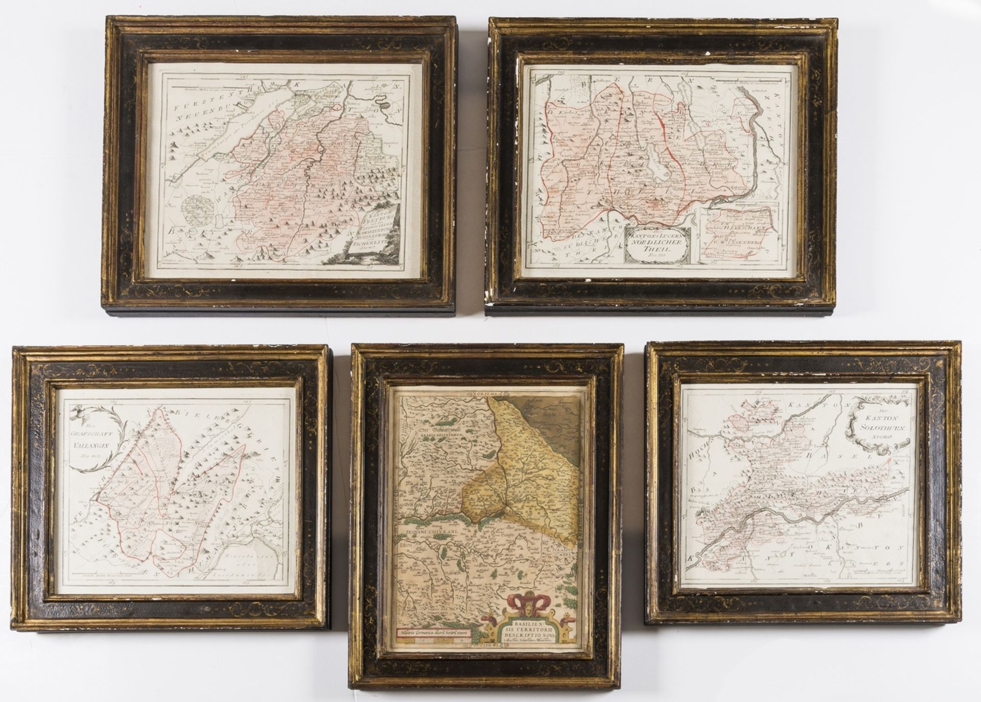 Switzerland.- Collection of 5 maps in cassetta-style frames, 17th to 19th century (5)