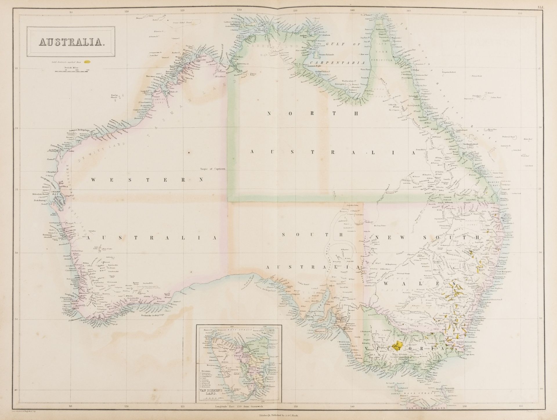 Australia.- Gold mining.- Black (Adam and Charles) Austalia [Gold districts marked], [c. 1850]; …