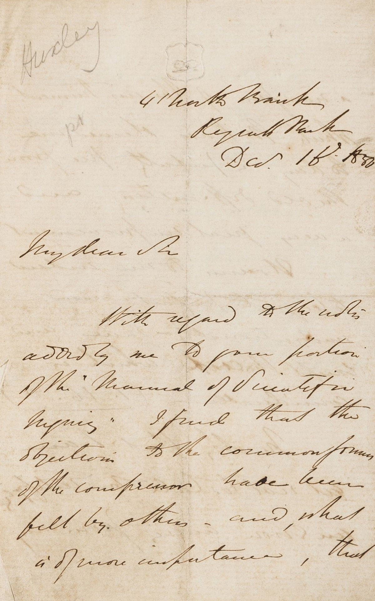 Huxley (Thomas Henry) Autograph Letter signed to "My dear Sir", 1850, "I find that the objection …