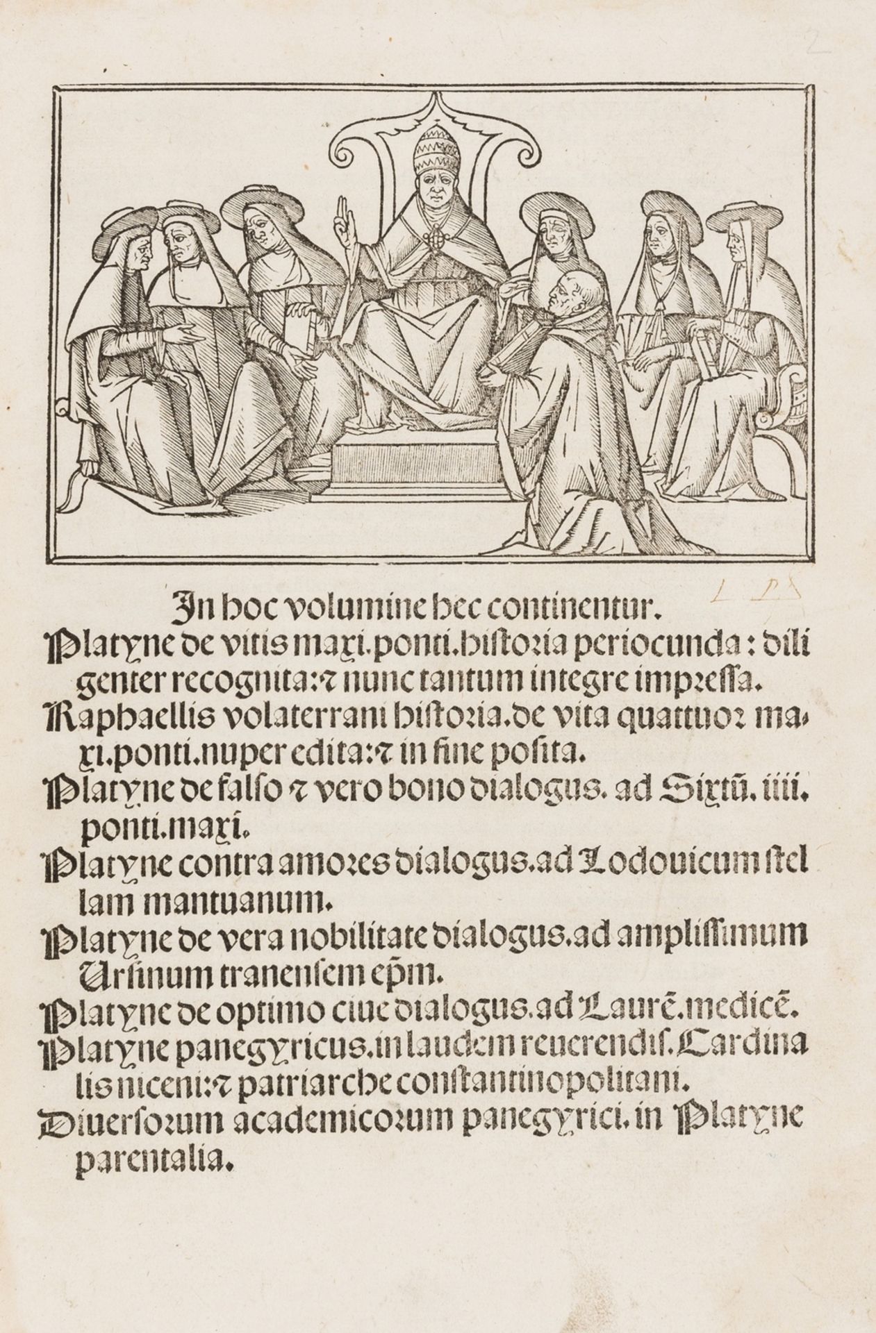 Platina (Bartholomaeus Sacchi) In hoc volumine hec continentur. Platyne De vitis maxi. ponti. …