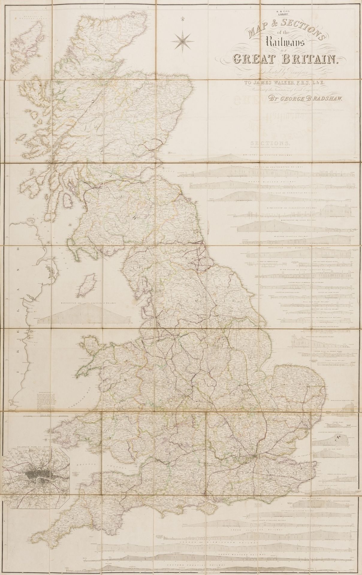 Bradshaw (George) Map & Sections of the Railways of Great Britain..., folding hand-coloured map, …