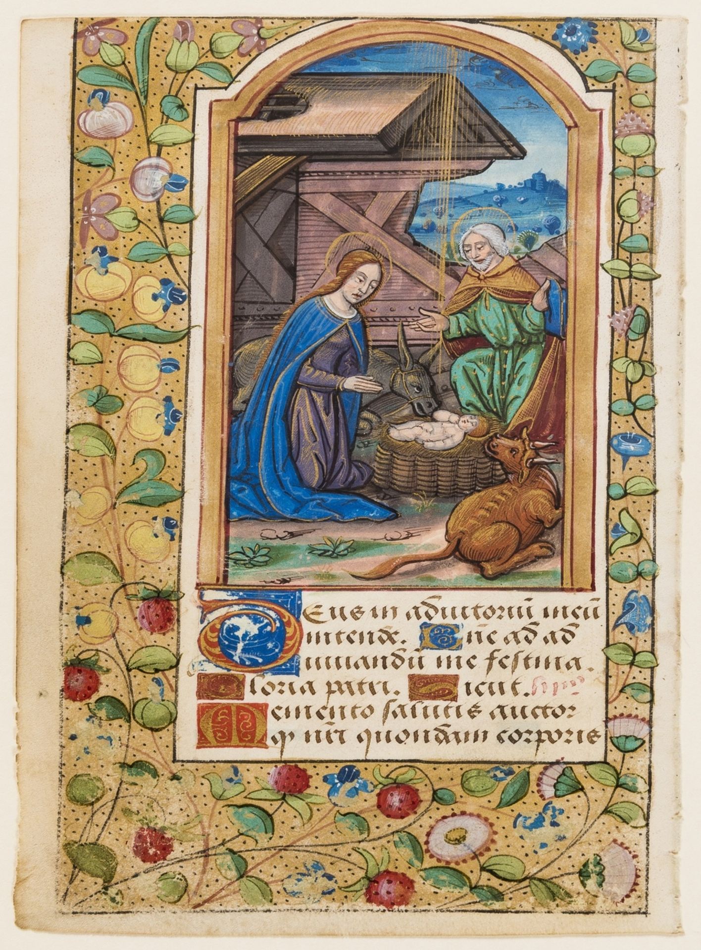 French Workshop.- Single leaf from an illuminated Book of Hours with arched miniature depicting …