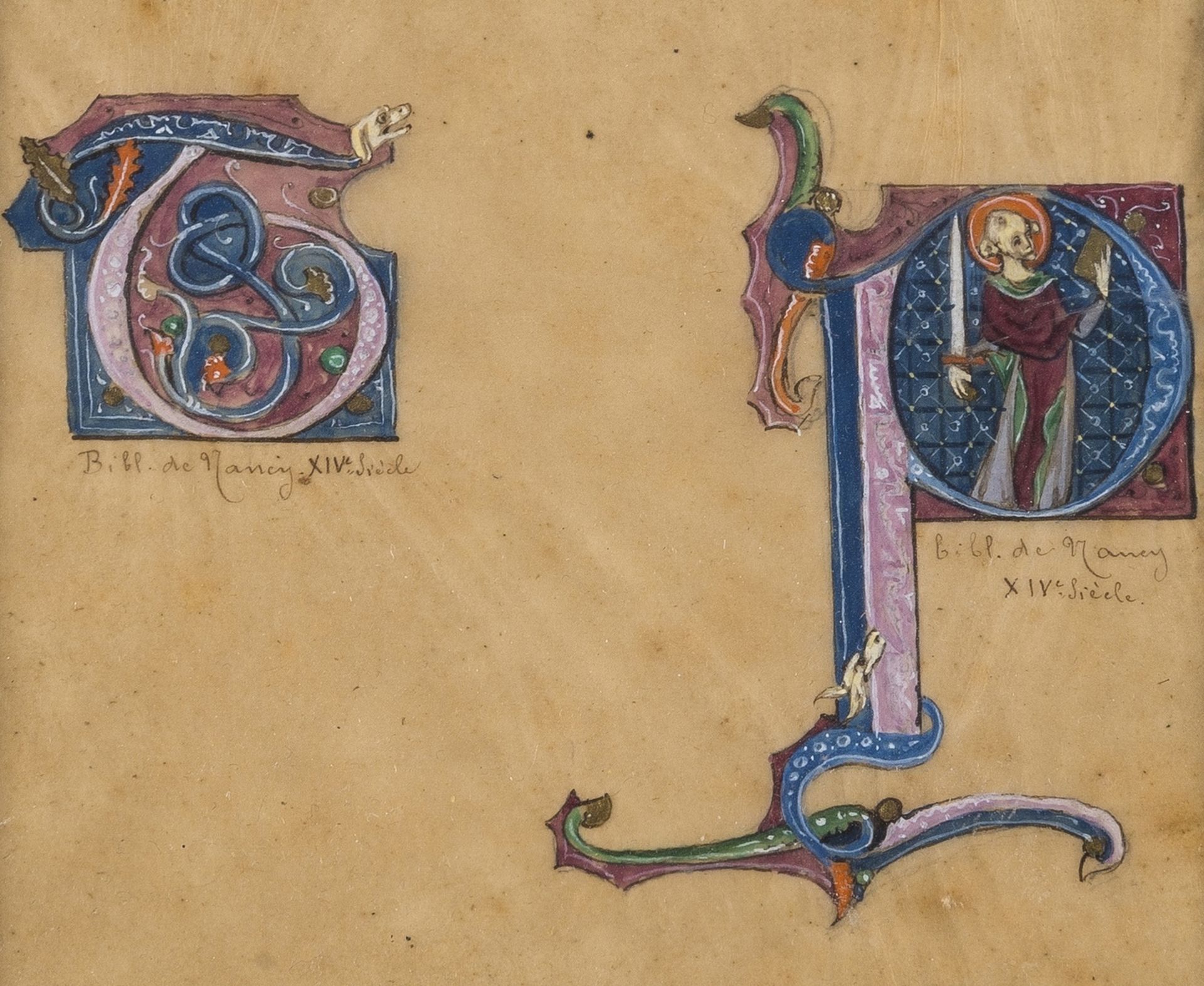 Historiated initials.- Illuminated leaf depicting copies of two 14th century medieval historiated …