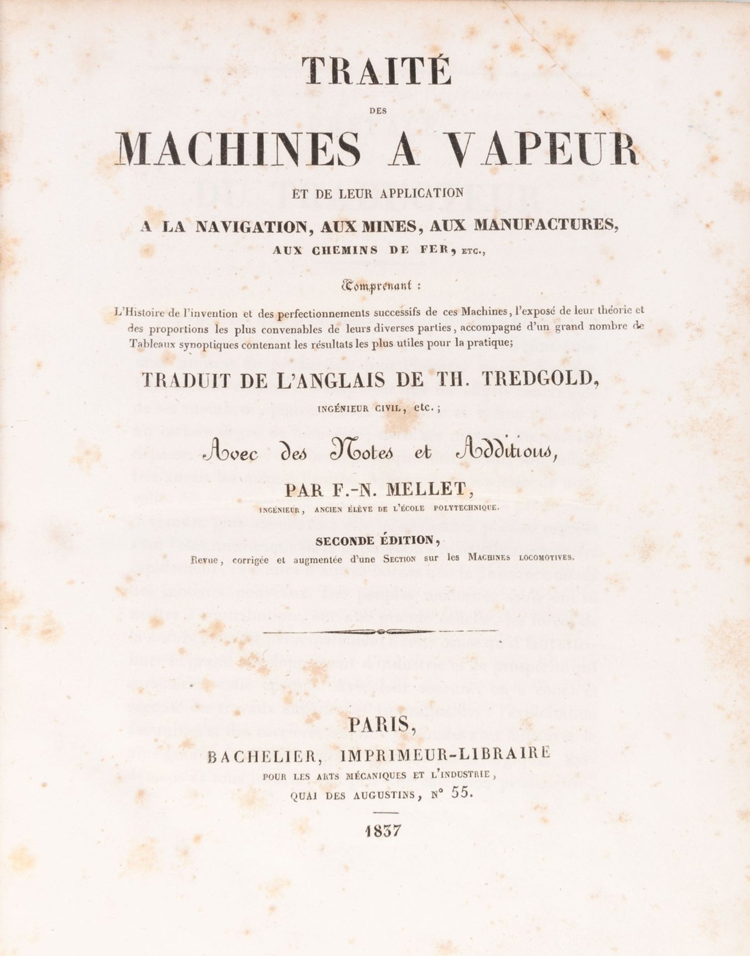 Tredgold (Thomas) Traité des Machines a Vapeur, 2 vol. including Atlas, second, expanded, edition, …