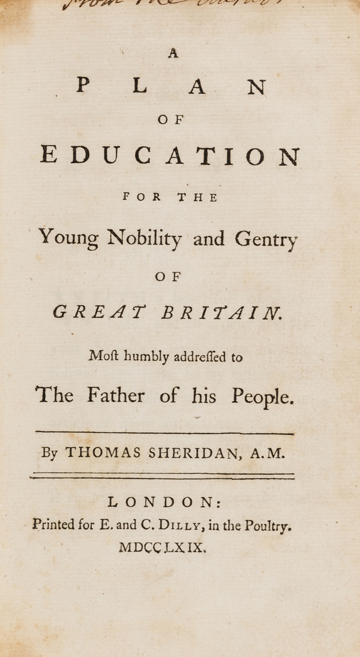 Sheridan (Thomas) A plan of education for the young nobility and gentry of Great Britain, first …