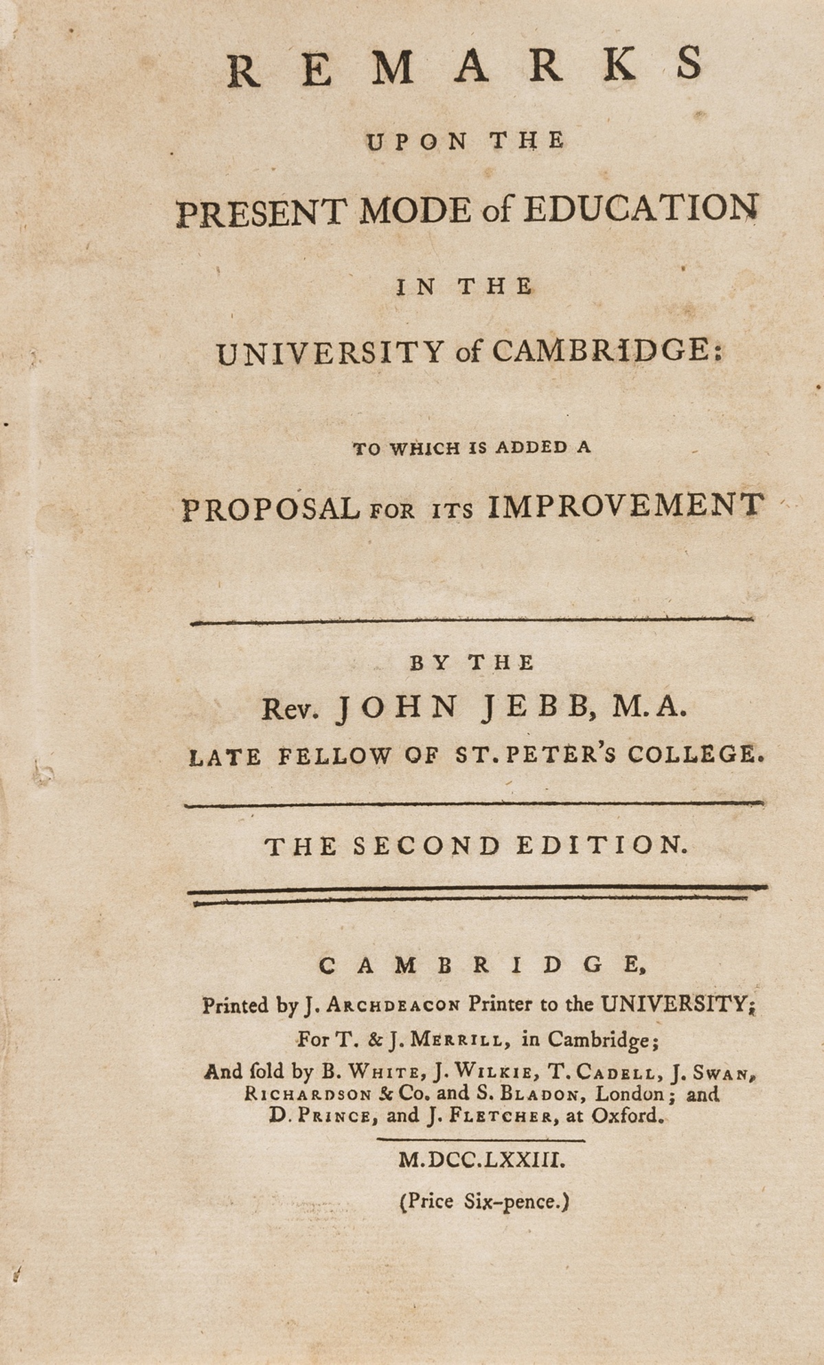 Oxbridge.- Jebb (Rev. John) Remarks upon the present mode of education in the University of …