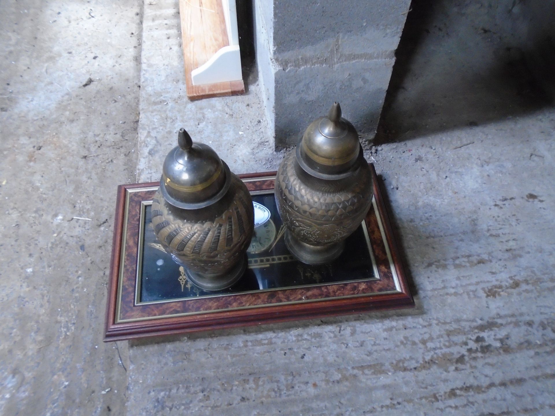 2 metal vases & clock