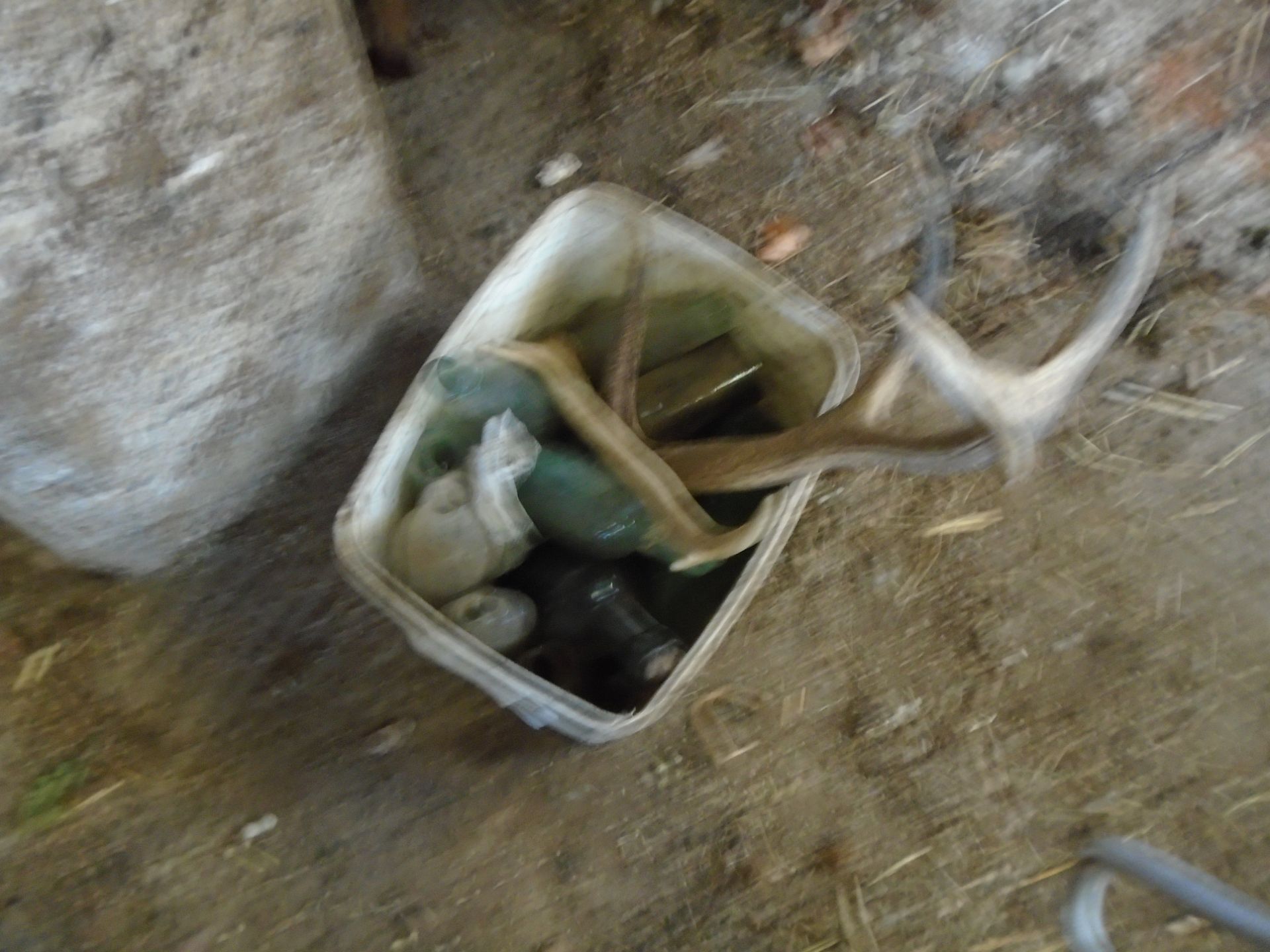 Box of old bottles & antlers