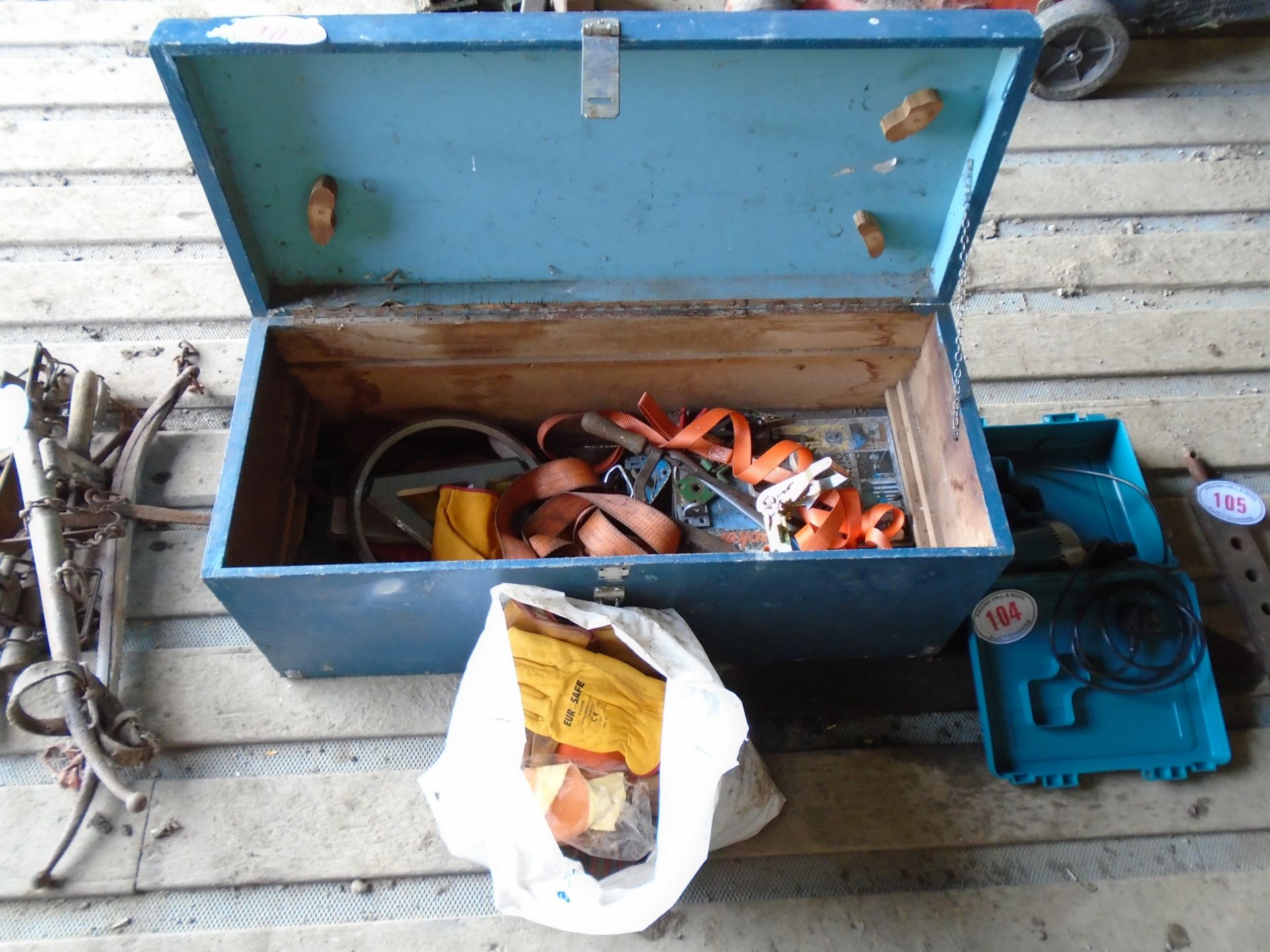 Box of ratchet straps, drill, gloves etc
