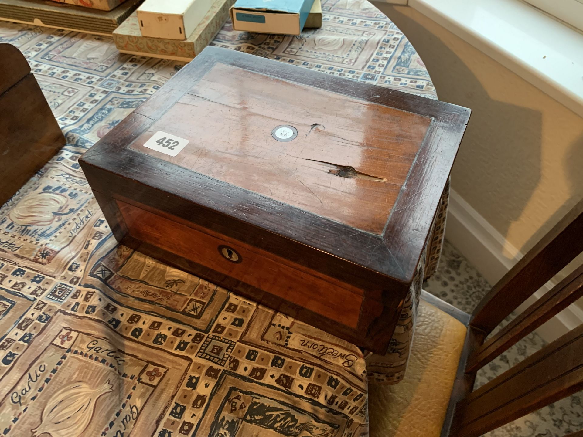 Inlaid sewing box & contents