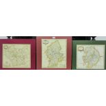 Robert Morden three hand coloured engraved maps to include Stafford Shire, 36 x 43cm, Leicester