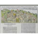 Die Statt Jerusalem, a coloured panoramic birds eye plan view with German text below, Sebastian