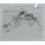 Freddie Theys, Edinburgh Castle From The West, etching, signed in pencil, in a glazed frame, 30 x