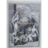 Globe of the World with four Classical female figures, monochrome print, engraved by Jan Punt, in