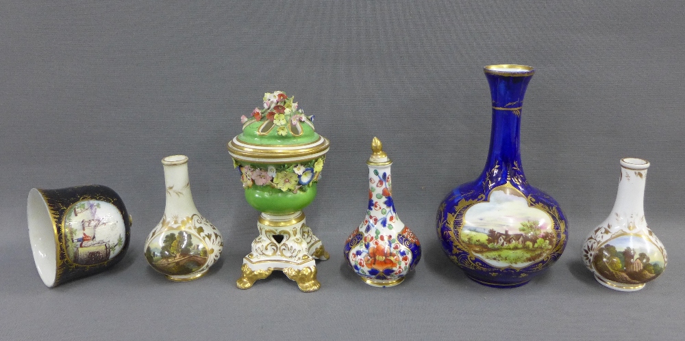 Collection of 19th century Derby to include two miniature vases, another small vase and cover in the