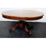Early 19th Victorian mahogany centre table with oval tilt top and and lotus carved column, 72 x