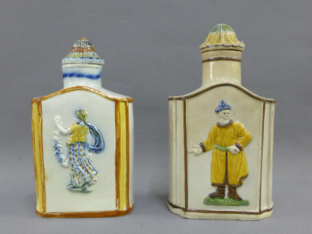 Two 18th century pottery tea caddy's in Pratt colours, possibly Scottish East Coast, tallest