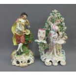 Two English pottery figures to include a Male Musician and another of a Female with a Cherub and